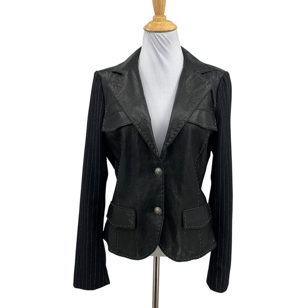 My Tribe Blazer Womens M/L Black Leather Wool Blend Pinstripe Contrasting Stitch